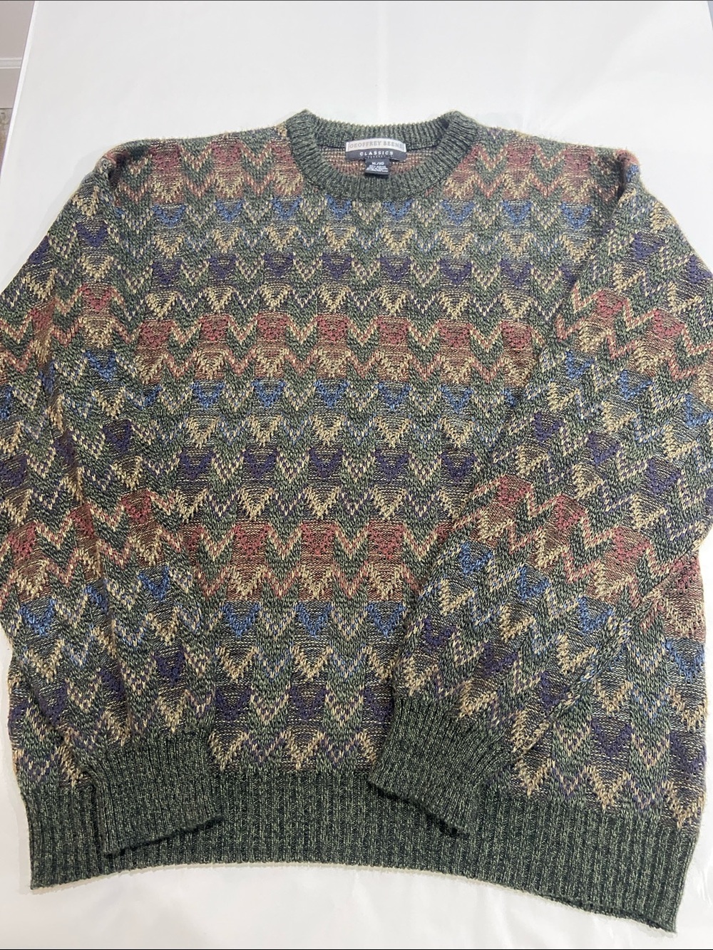 VTG Geoffrey Beene Olive Multicolor Zigzag Crewneck Sweater Sz XL